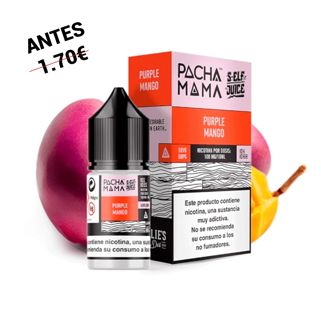 Frasco con tapón negro y caja de Pachamama Self Juice Purple Mango, con advertencia sobre nicotina y mangos al fondo.