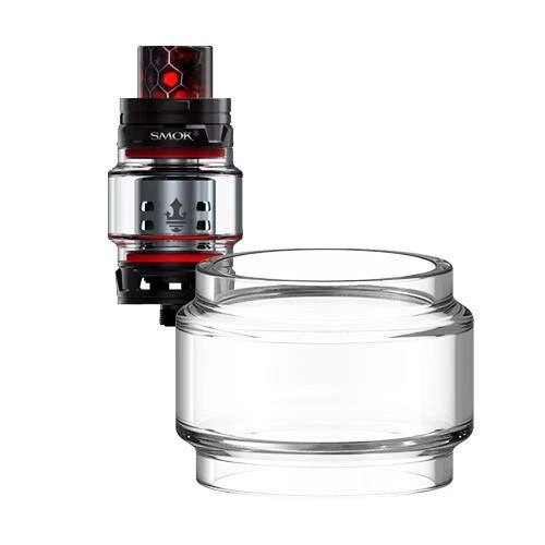 Cristal de recambio SMOK TFV12 Prince transparente, de perfil abombado, con un depósito montado al fondo como referencia.