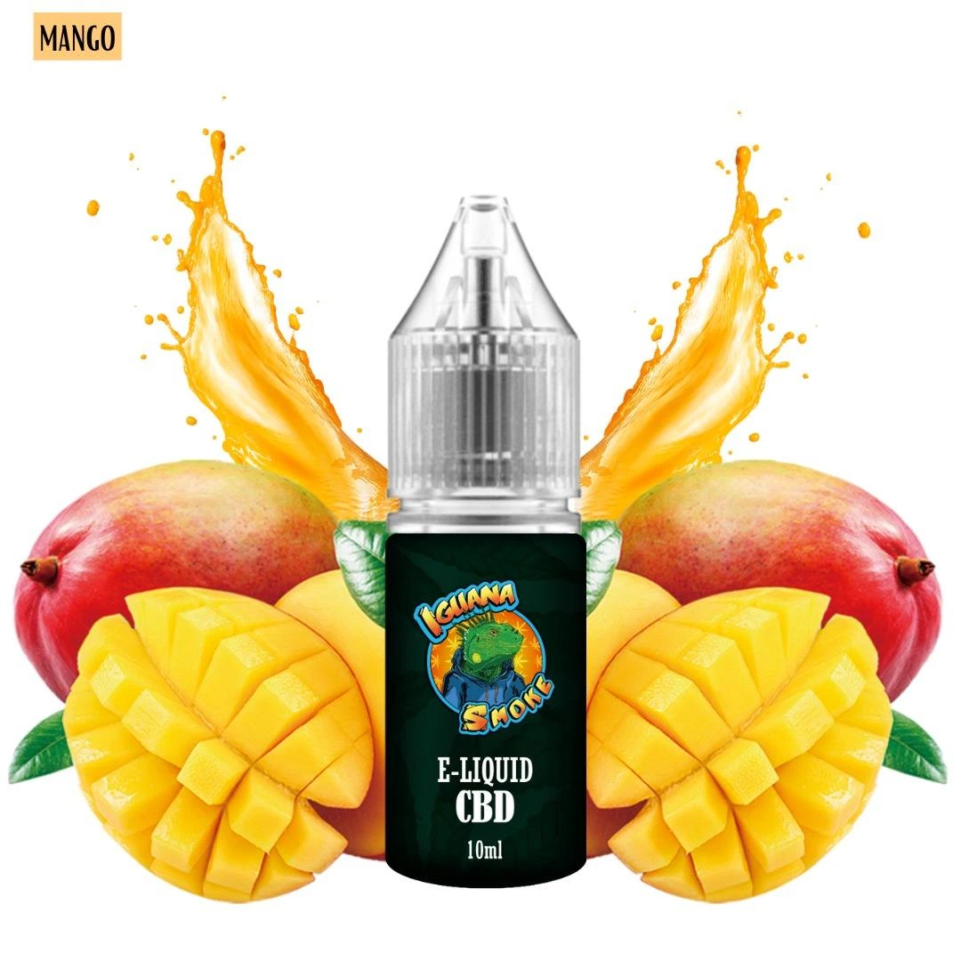 Frasco de e-líquido de CBD Mango de Iguana Smoke, de 10 ml, con tapón transparente, rodeado de mangos cortados y salpicaduras amarillas.