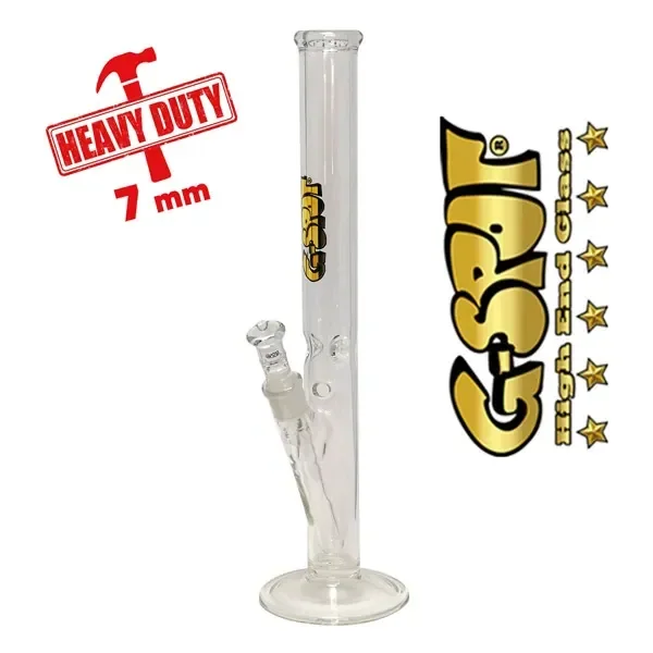 Bong G-SPOT transparente de tubo recto, base circular y cazoleta lateral inclinada, junto al logotipo y el texto «Heavy Duty 7 mm».