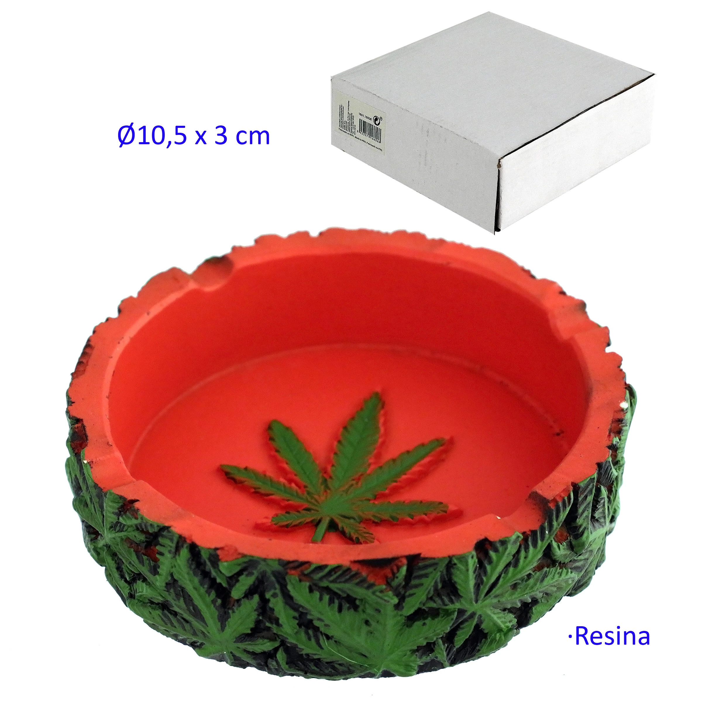 Cenicero de resina con interior rojo, hojas verdes en relieve y muescas en el borde, acompañado de una caja blanca.