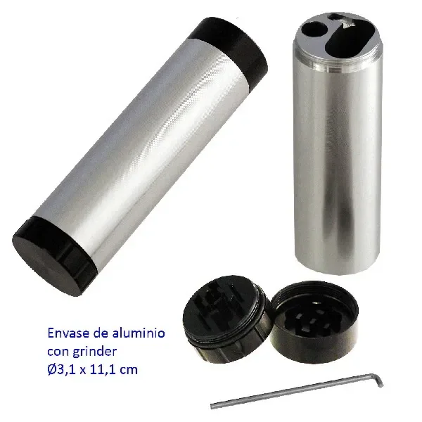Envase cilíndrico de aluminio de 11,1 cm con grinder de 3,1 cm de diámetro, mostrado cerrado y abierto, con tapas negras y varilla.
