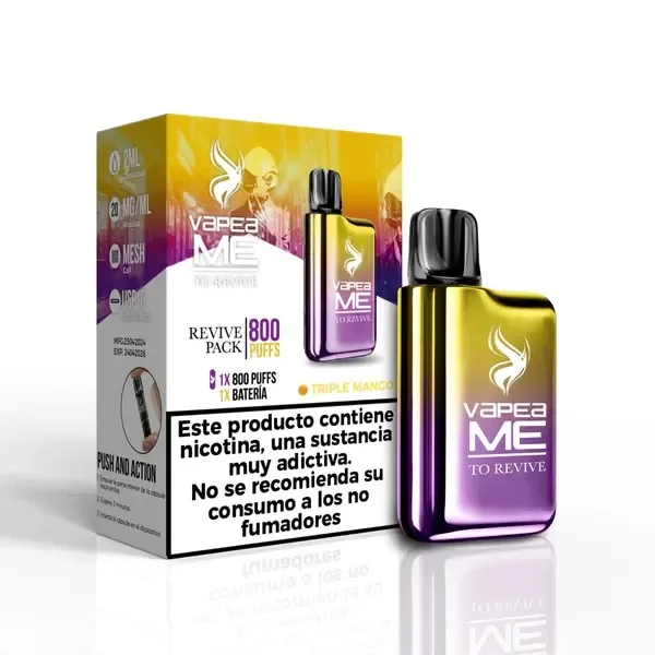 Vapeame To Revive Triple Mango con cuerpo degradado de amarillo a morado y boquilla negra, junto a su caja con advertencia sobre nicotina.