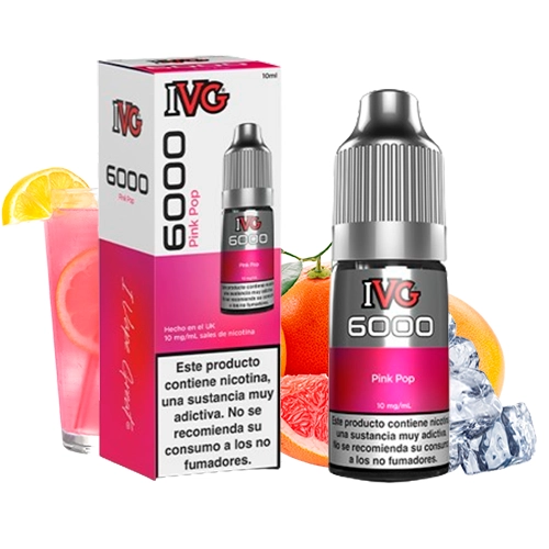 Frasco IVG 6000 Salts Pink Pop junto a su caja blanca y rosa, con cítricos, hielo y un vaso de bebida rosada como fondo decorativo.