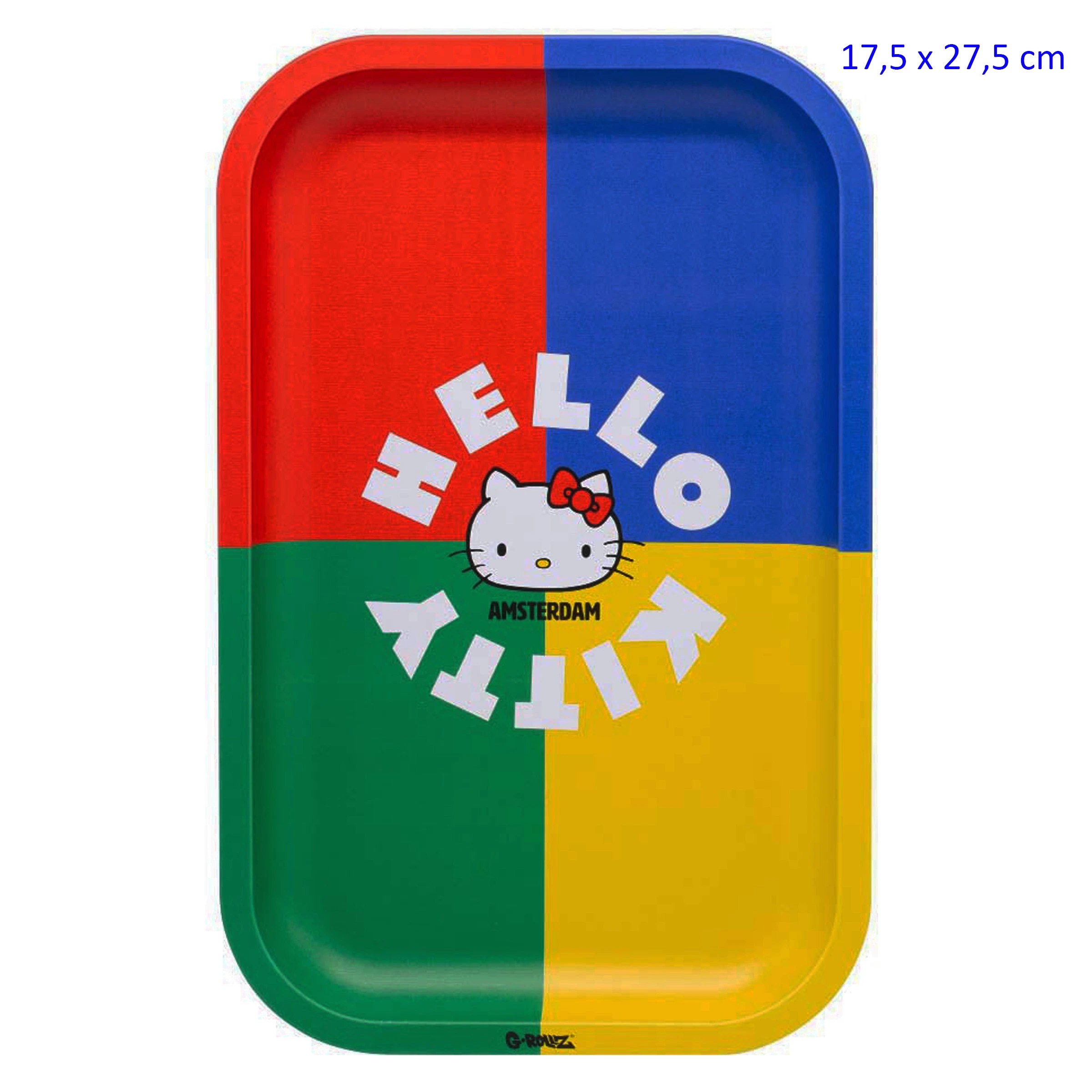 Bandeja para liar G-Rollz Hello Kitty Classic, con borde elevado, cuadrantes rojo, azul, verde y amarillo y dibujo central de Hello Kitty.