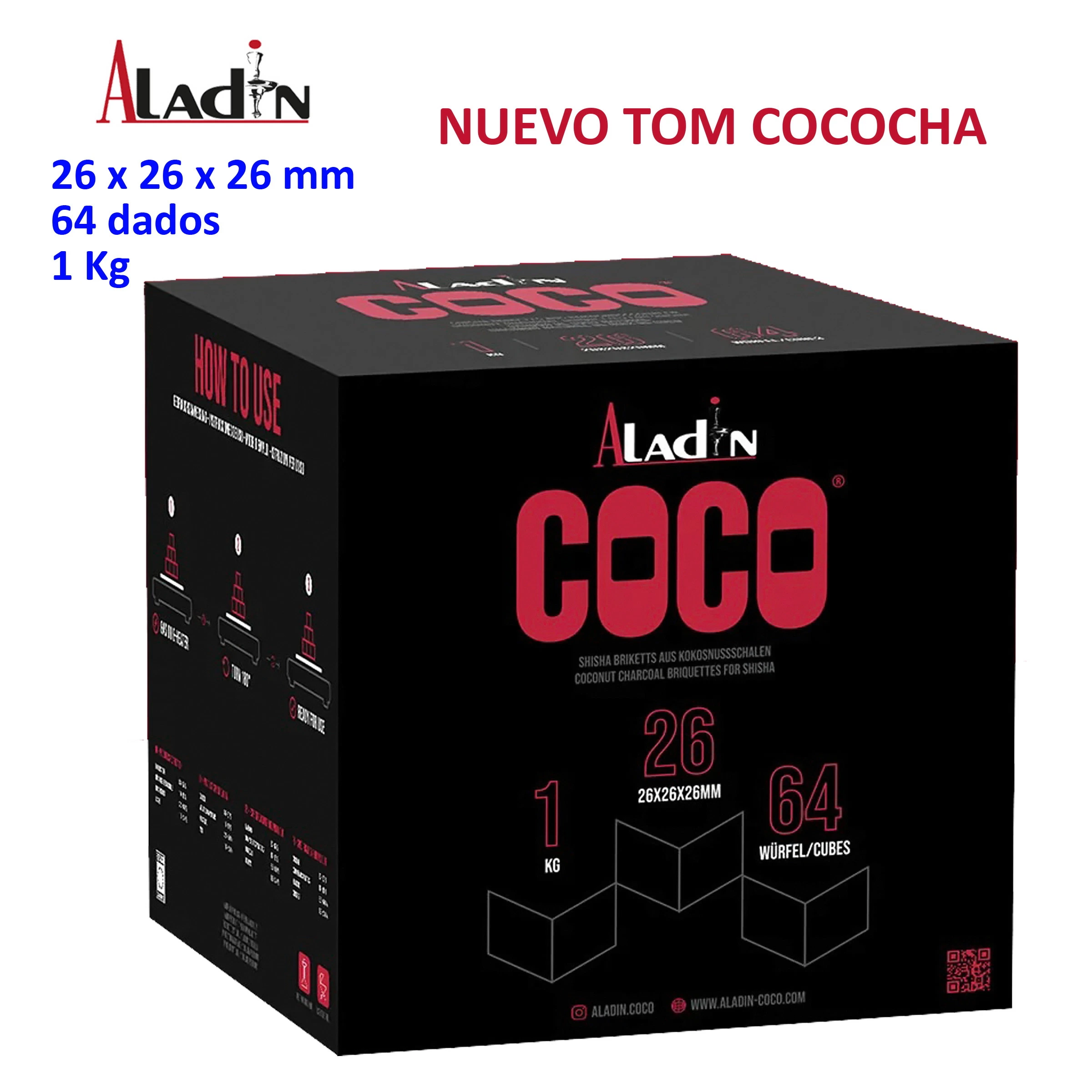 Caja negra de carbón ALADIN COCO para cachimba, con letras rojas y datos de 26 mm, 64 cubos y 1 kg sobre fondo blanco. Caja negra de carbón ALADIN COCO para cachimba, con letras rojas y datos de 26 mm, 64 cubos y 1 kg sobre fondo blanco.
