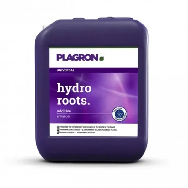 Garrafa morada de Hydro Roots de Plagron, vista de frente sobre fondo blanco, con etiqueta violeta y el texto «hydro roots». Garrafa morada de Hydro Roots de Plagron, vista de frente sobre fondo blanco, con etiqueta violeta y el texto «hydro roots».