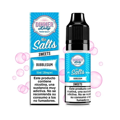 Frasco y caja turquesa de Dinner Lady Bubblegum Nic Salt, con burbujas rosas, etiqueta de 10 ml y 20 mg/ml y advertencia sobre nicotina.