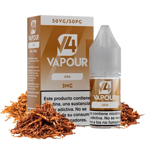 Frasco y caja de e-líquido V4 Vapour USA con indicaciones 3 mg y 50VG/50PG, rodeados de hebras de tabaco sobre fondo blanco.