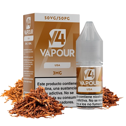 Frasco y caja de e-líquido V4 Vapour USA con indicaciones 3 mg y 50VG/50PG, rodeados de hebras de tabaco sobre fondo blanco.