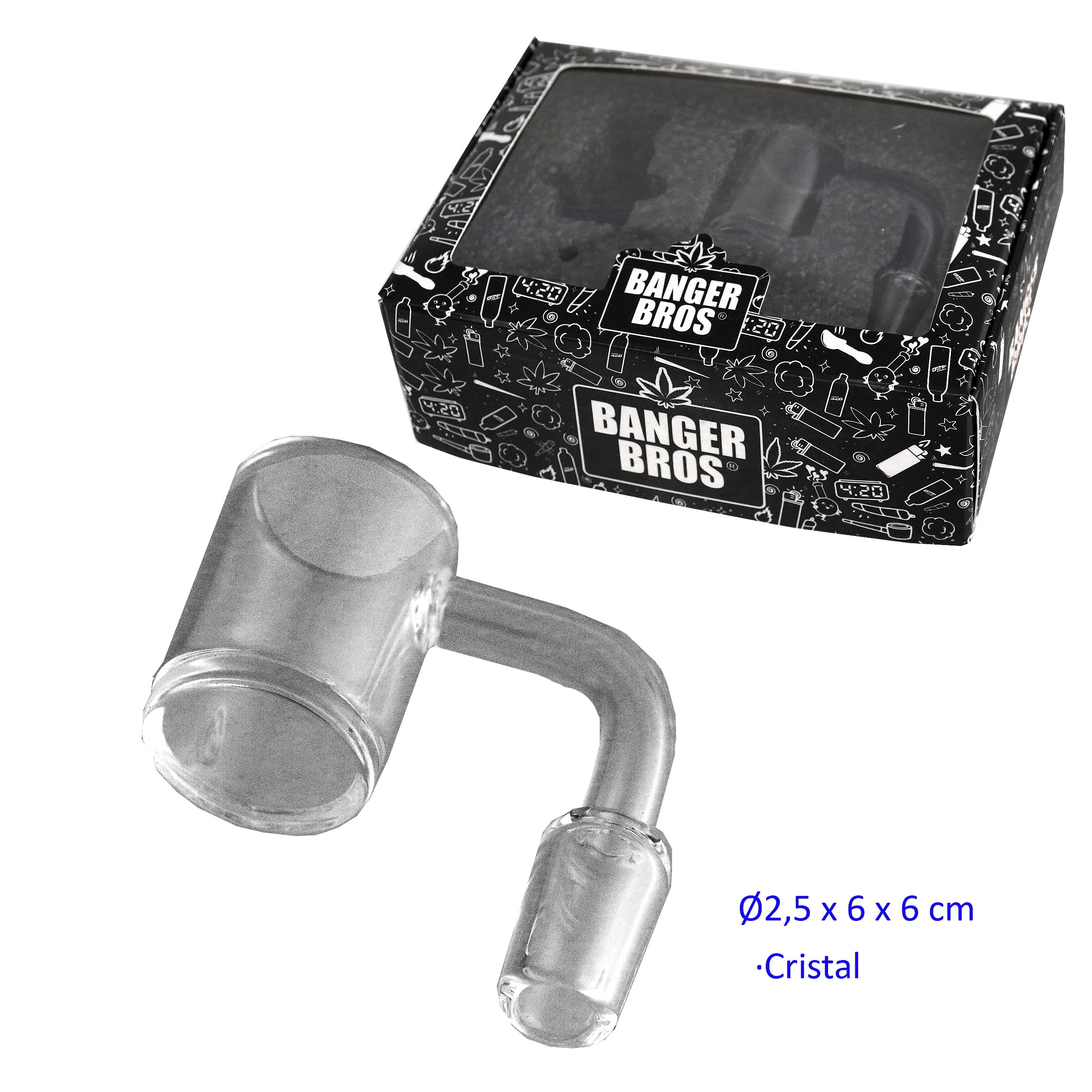 Banger de cristal transparente con recipiente cilíndrico y tubo curvado, junto a su caja negra Banger Bros sobre fondo blanco.