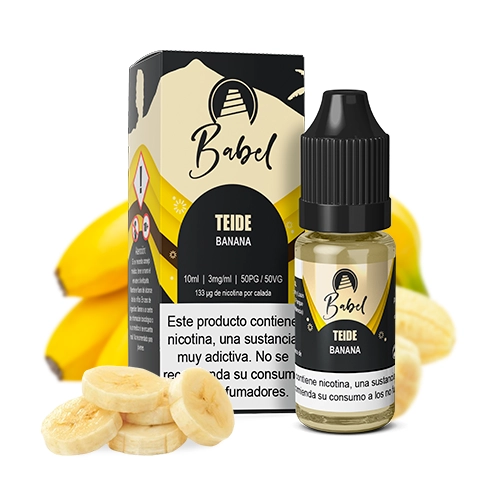Frasco y caja de Babel Teide Banana con etiquetas negras y amarillas, rodeados de plátanos y rodajas sobre fondo blanco.