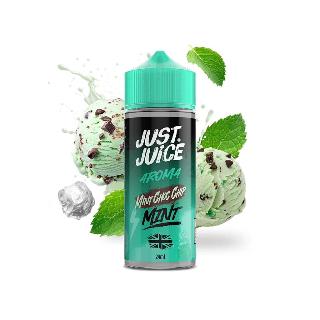 Bote Just Juice Mint Choco Chip de 24 ml con tapón verde, rodeado de helado con trozos de chocolate, hojas verdes y un cubito de hielo.