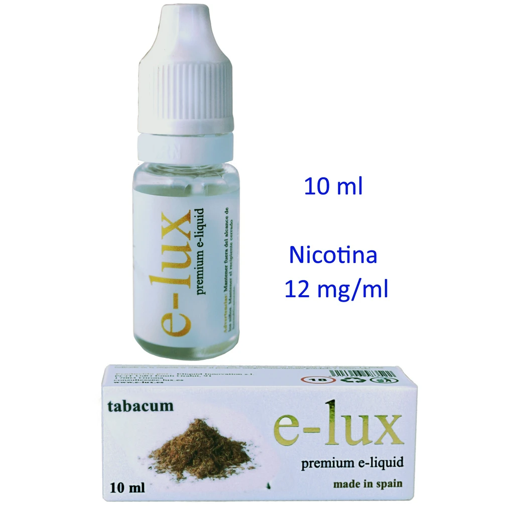 Frasco de e-lux Tabacum con tapón blanco y su caja; el texto lateral indica 10 ml y nicotina de 12 mg/ml sobre fondo blanco.