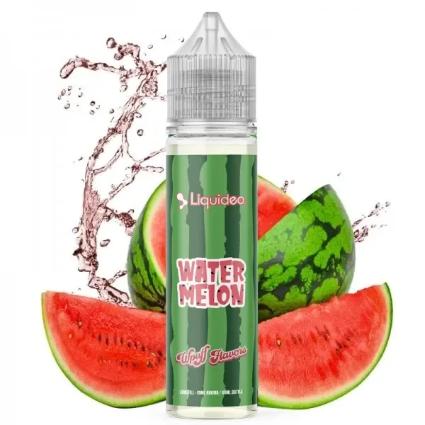 Frasco de Liquideo Wpuff Flavors Watermelon con etiqueta verde y tapón transparente, rodeado de sandía cortada y salpicaduras.
