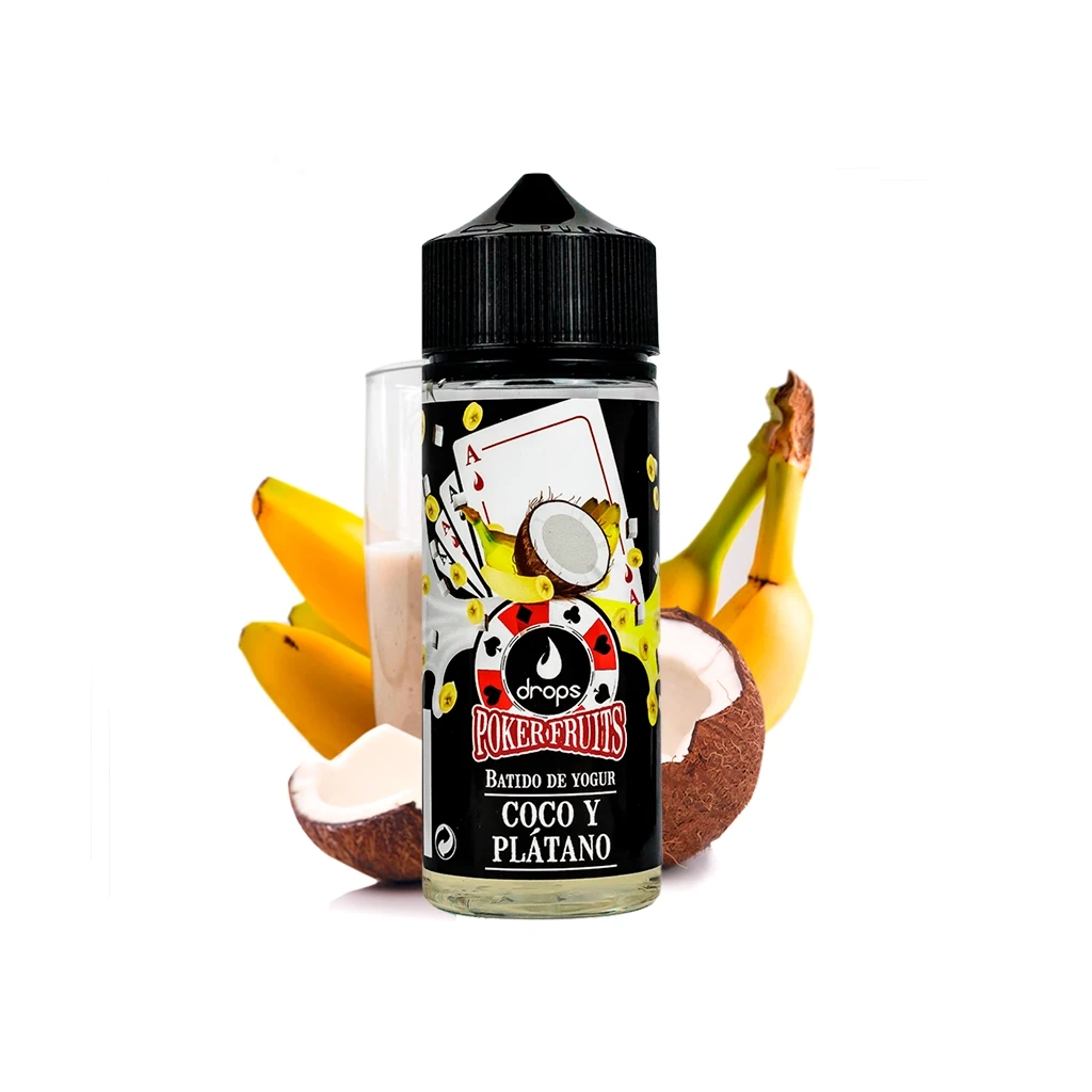 Frasco Drops Poker Fruits Batido de Coco Plátano Longfill con tapón negro, rodeado de plátanos y mitades de coco sobre fondo blanco.