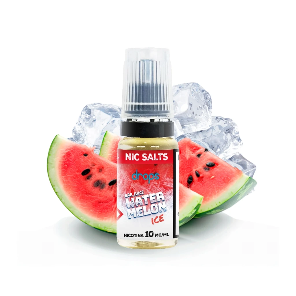 Frasco de Drops Bar Juice Salts Watermelon Ice con etiqueta de 10 mg/ml, rodeado de rodajas de sandía y cubitos de hielo. Frasco de Drops Bar Juice Salts Watermelon Ice con etiqueta de 10 mg/ml, rodeado de rodajas de sandía y cubitos de hielo.