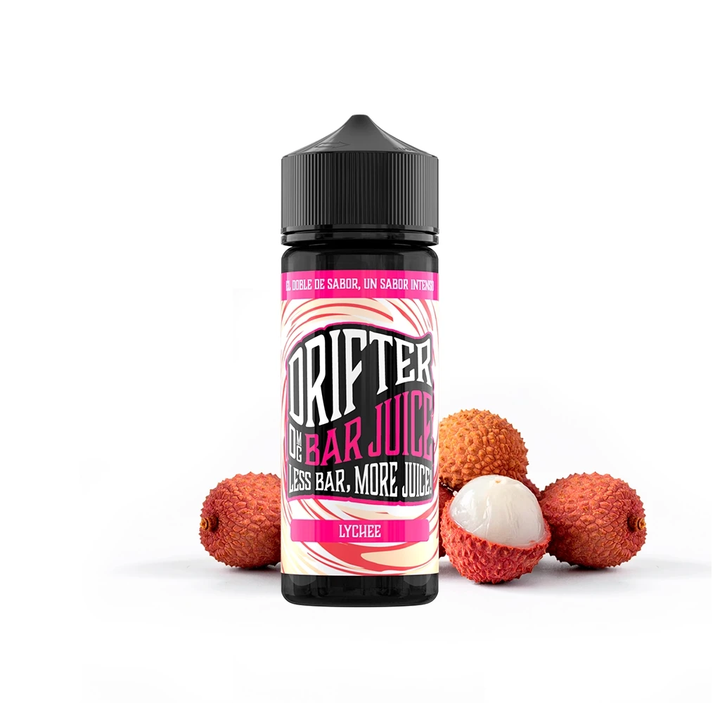 Frasco Drifter Bar Lychee Longfill con tapón negro y etiqueta rosa y blanca, junto a lichis enteros y uno abierto.