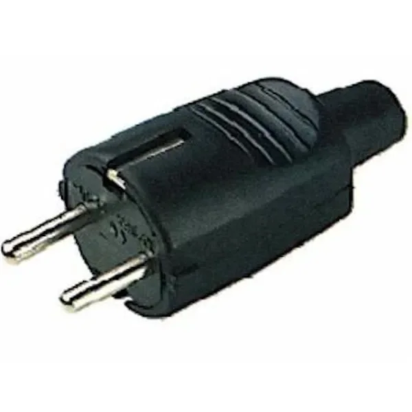Clavija Schuko negra en vista oblicua, con dos patillas redondas, contactos metálicos laterales y entrada trasera para el cable. Clavija Schuko negra en vista oblicua, con dos patillas redondas, contactos metálicos laterales y entrada trasera para el cable.