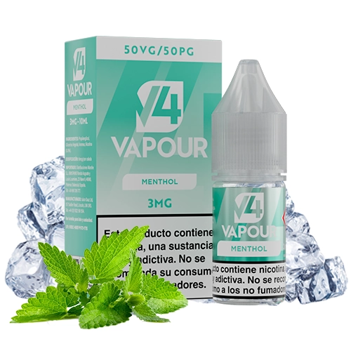 Frasco y caja de V4 Vapour Menthol con etiquetas turquesa, indicaciones 3MG y 50VG/50PG, rodeados de hojas de menta y cubitos de hielo.