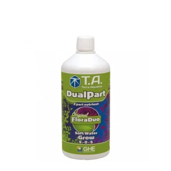 Botella blanca de DualPart Grow Agua Blanda Terra Aquatica, con tapón blanco y etiqueta verde que indica Soft Water y 5-0-5.