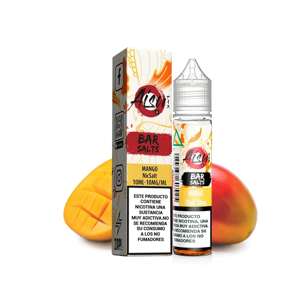 Frasco y caja de Aisu Bar Salts Mango, con indicaciones de 10 ml y 10 mg/ml, delante de un mango entero y otro cortado.