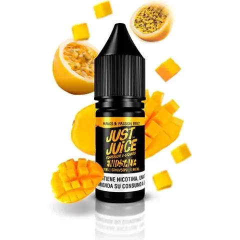 Bote de Just Juice Nic Salts Mango & Passion Fruit con tapón negro, rodeado de mango troceado y maracuyá sobre fondo blanco.
