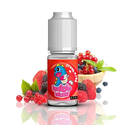 Bote de Bubble Island Fresh N Red con tapón blanco y etiqueta roja con un personaje de dibujos, rodeado de frutos rojos y hojas verdes.