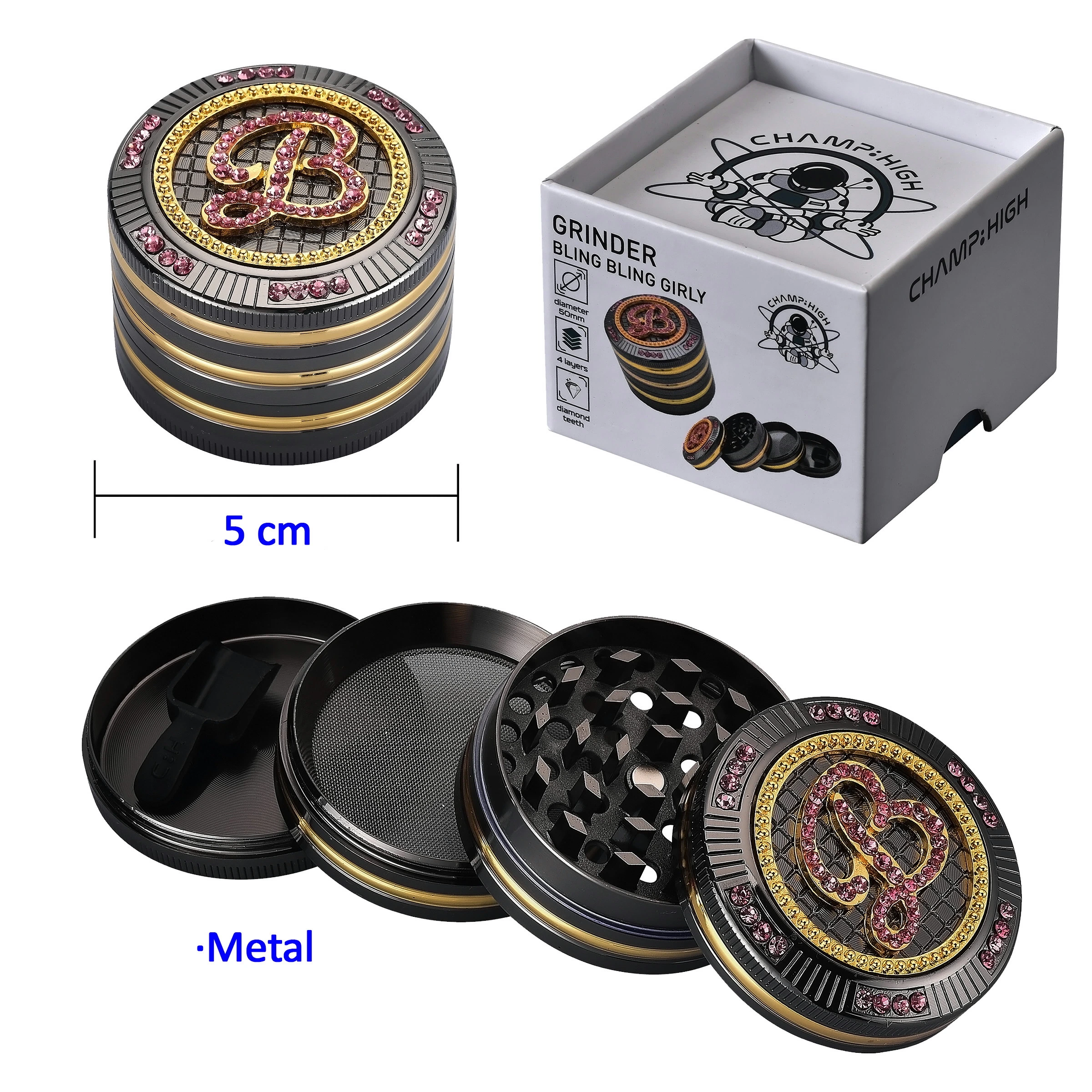 Grinder Champ Bling Bling Girly de 5 cm, negro con bandas doradas y adornos rosas, mostrado cerrado y desmontado junto a su caja.