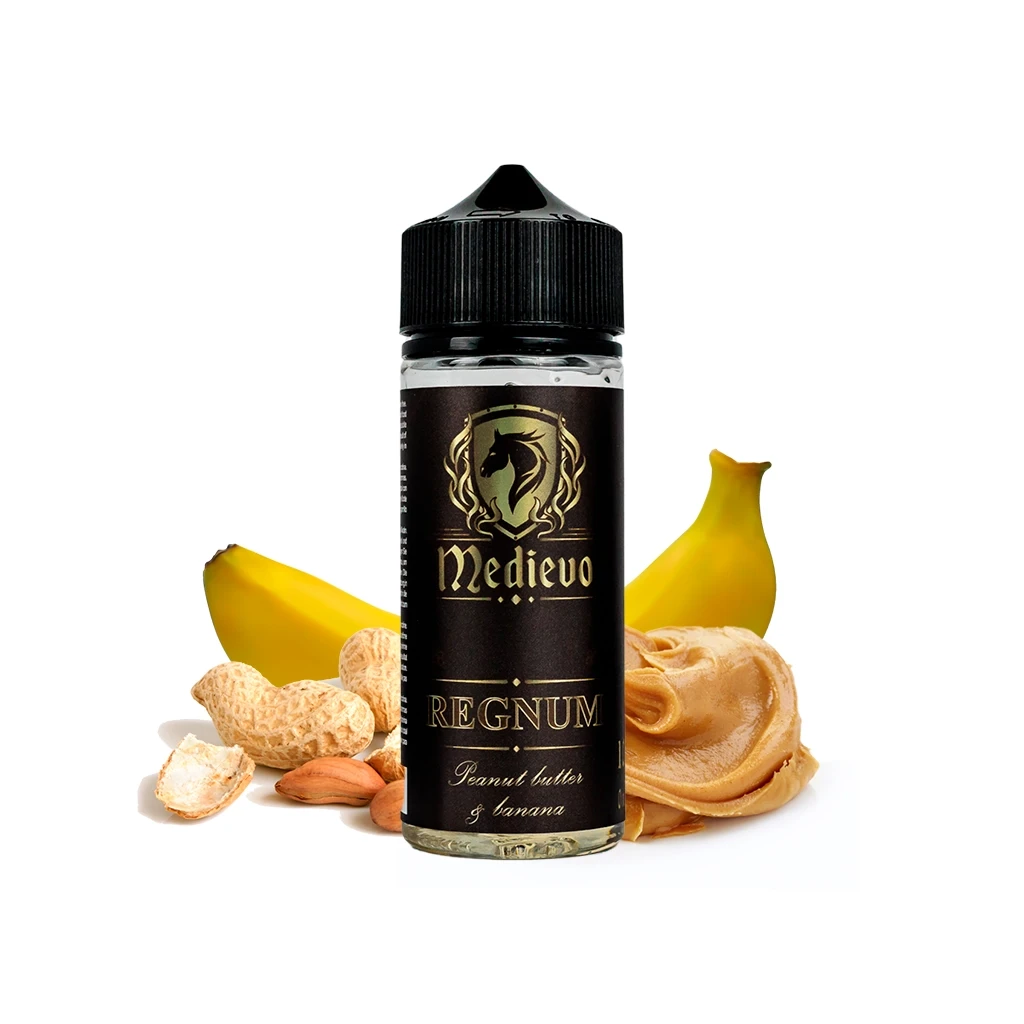 Botella Medievo Regnum con tapón negro y etiqueta negra y dorada, rodeada de plátanos, cacahuetes y una porción de crema de cacahuete.