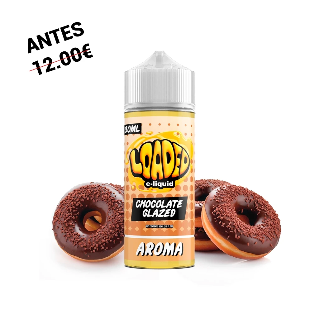 Bote Loaded Chocolate Glazed de 30 ml con tapón blanco y etiqueta amarilla y naranja, rodeado de donuts con cobertura de chocolate.