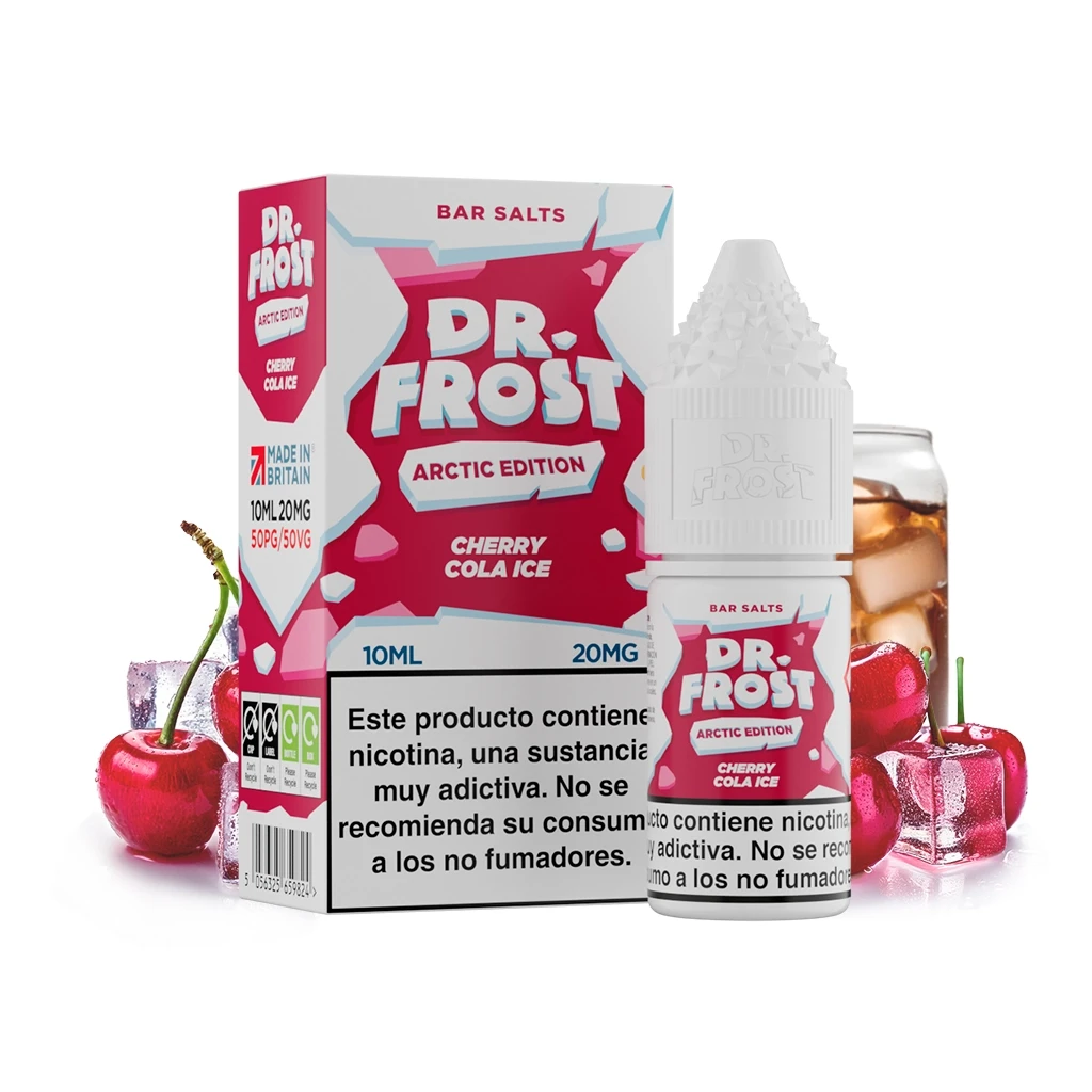 Caja y frasco Dr Frost Arctic Edition Cherry Cola Ice, con etiquetas de 10 ml y 20 mg, junto a cerezas, hielo y un vaso de cola.