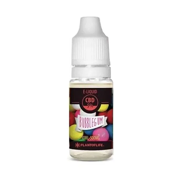 Frasco de CBD E-Liquid Plant of Life Bubblegum 5% de 10 ml, con tapón blanco y etiqueta con bolas de colores sobre fondo blanco.