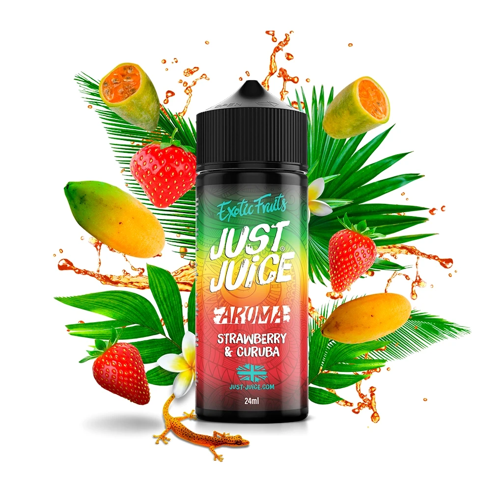 Bote Just Juice Exotic Fruits Strawberry & Curuba de 24 ml, rodeado de fresas, frutas cortadas, hojas verdes y salpicaduras.