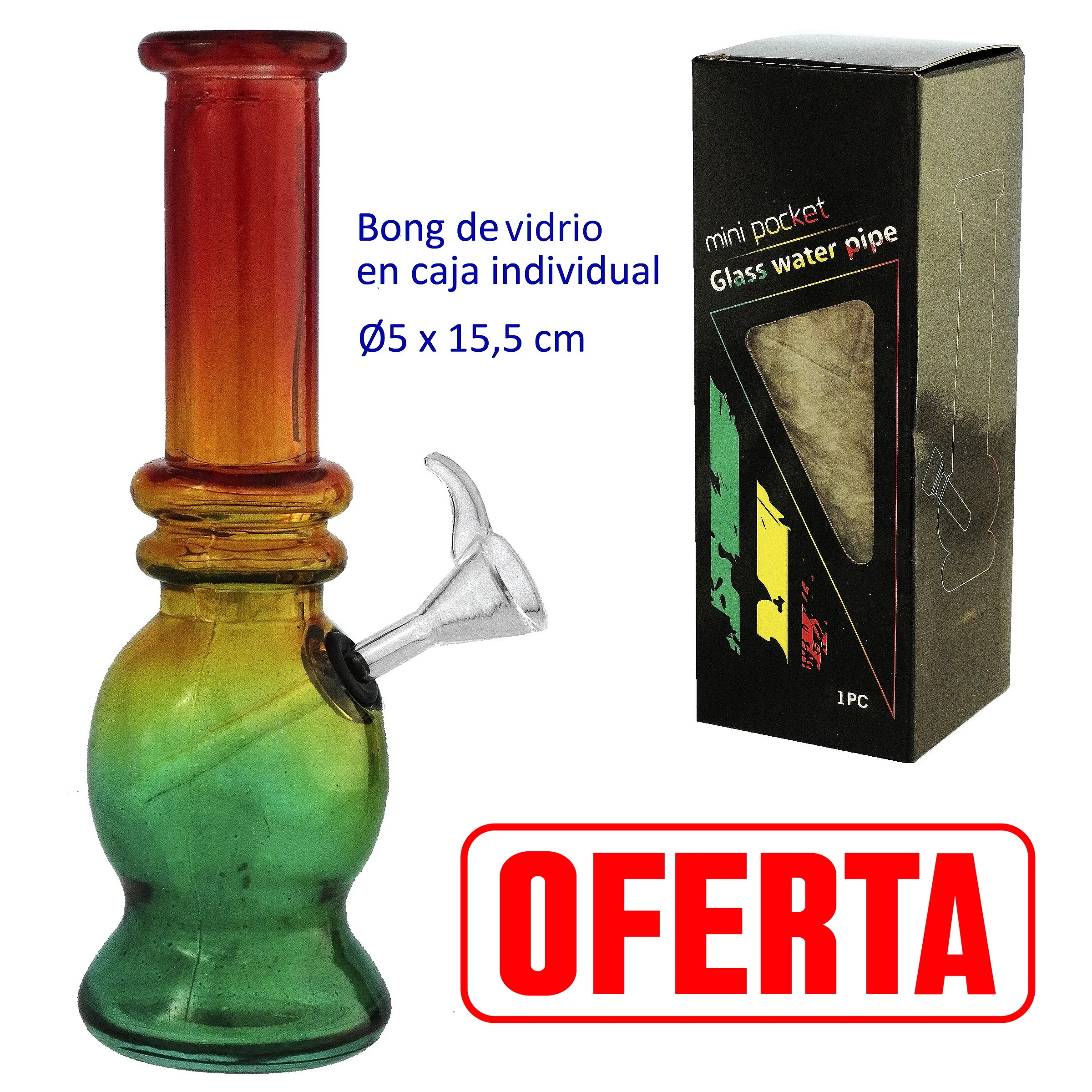 Bong de cristal con base verde, cuello amarillo y rojo y cazoleta transparente, junto a su caja individual sobre fondo blanco.