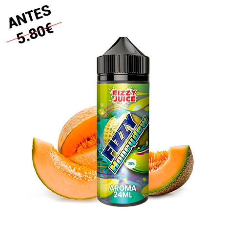 Botella Fizzy Juice Honeydew Longfill con tapón negro y etiqueta verde que indica «Aroma 24 ml», delante de rodajas de melón.
