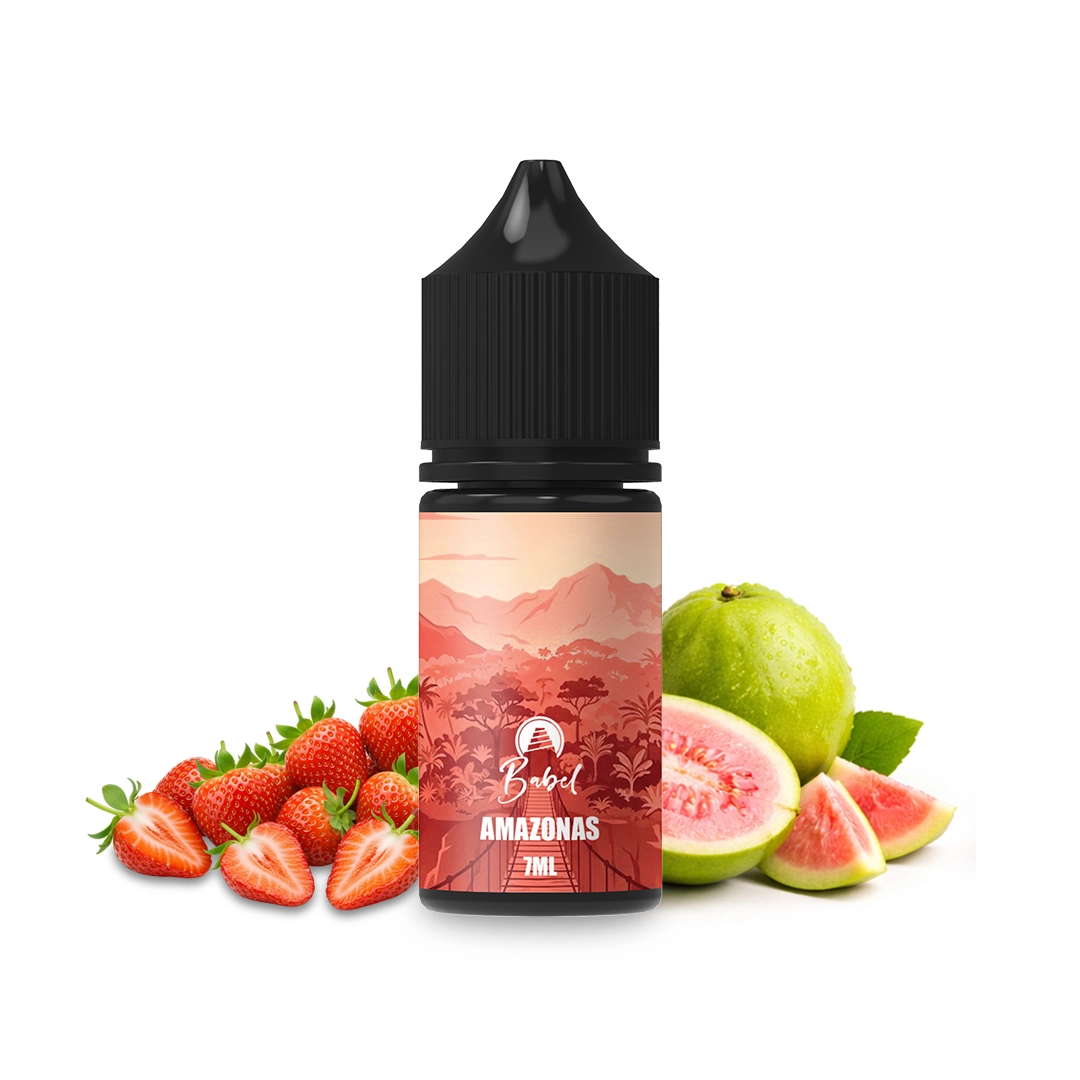 Frasco Babel Amazonas de 7 ml con tapón negro y etiqueta de paisaje rojizo, rodeado de fresas y guayabas sobre fondo blanco.
