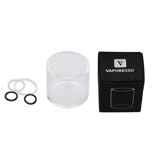 Tubo transparente Vaporesso Cascade Mini acompañado de juntas claras y negras y una caja negra con el logotipo Vaporesso.
