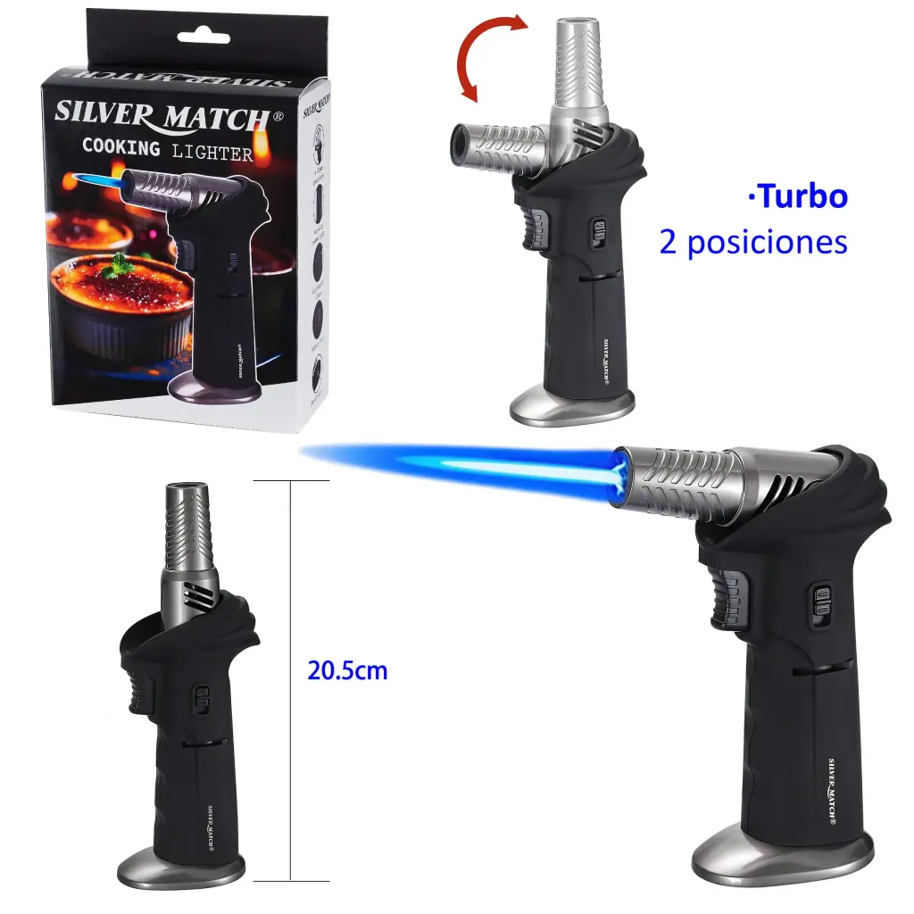Encendedor turbo Silver Match negro y plateado, mostrado con cabezal vertical y horizontal, llama azul y caja de presentación.