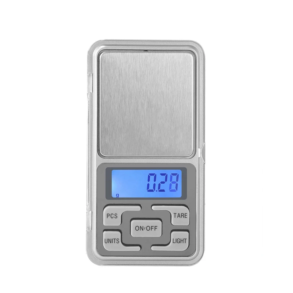Báscula digital Easy Garden Pocket 500 vista de frente, con plataforma plateada, pantalla azul que marca 0,28 g y botones grises.