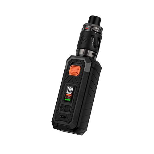 Vaporesso Armour S Kit negro, visto en diagonal, con depósito superior, boquilla, botón naranja y pantalla frontal encendida.