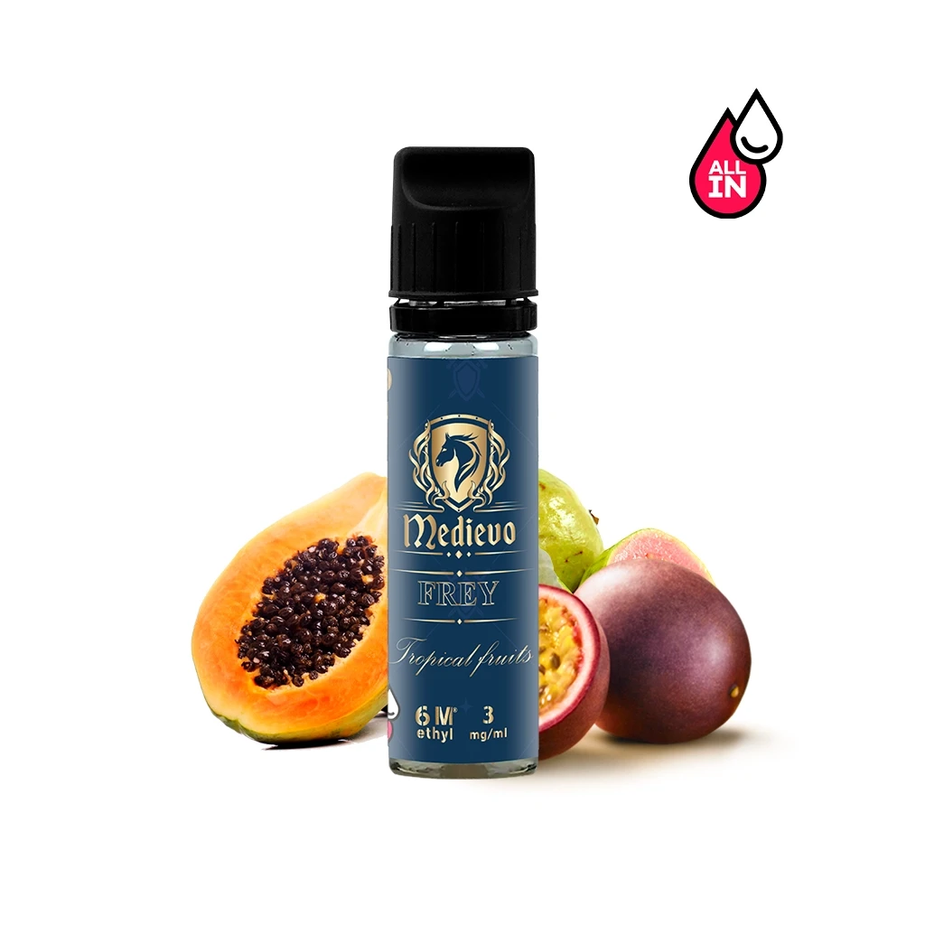 Frasco de e-líquido Medievo Frey con tapón negro y etiqueta azul, ante una papaya abierta y frutas de la pasión.