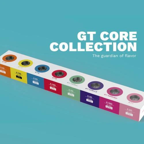 Selección de resistencias Vaporesso GT Core en cajas de distintos colores y valores de resistencia, sobre fondo turquesa.