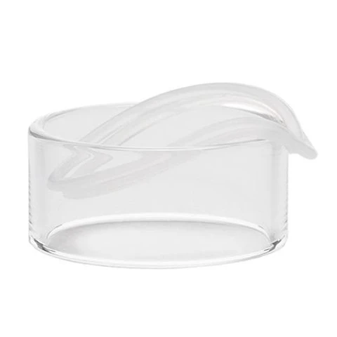 Tubo de cristal transparente Vaporesso Cascade Baby SE, de forma cilíndrica, con juntas translúcidas superpuestas sobre fondo blanco.