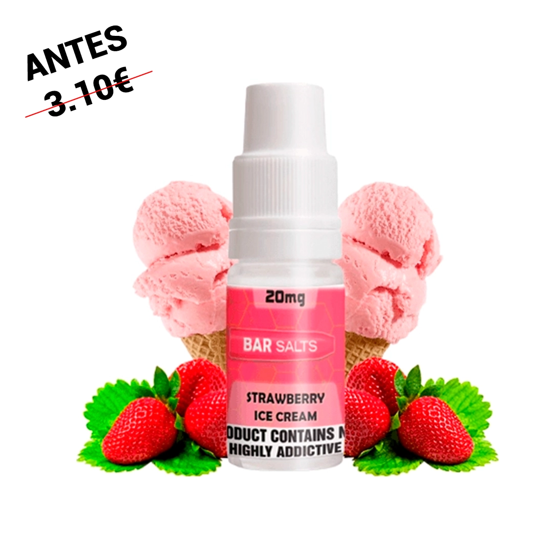Frasco Bar Salts Strawberry Ice Cream con tapón blanco y etiqueta rosa marcada 20 mg, rodeado de fresas y conos de helado rosa.