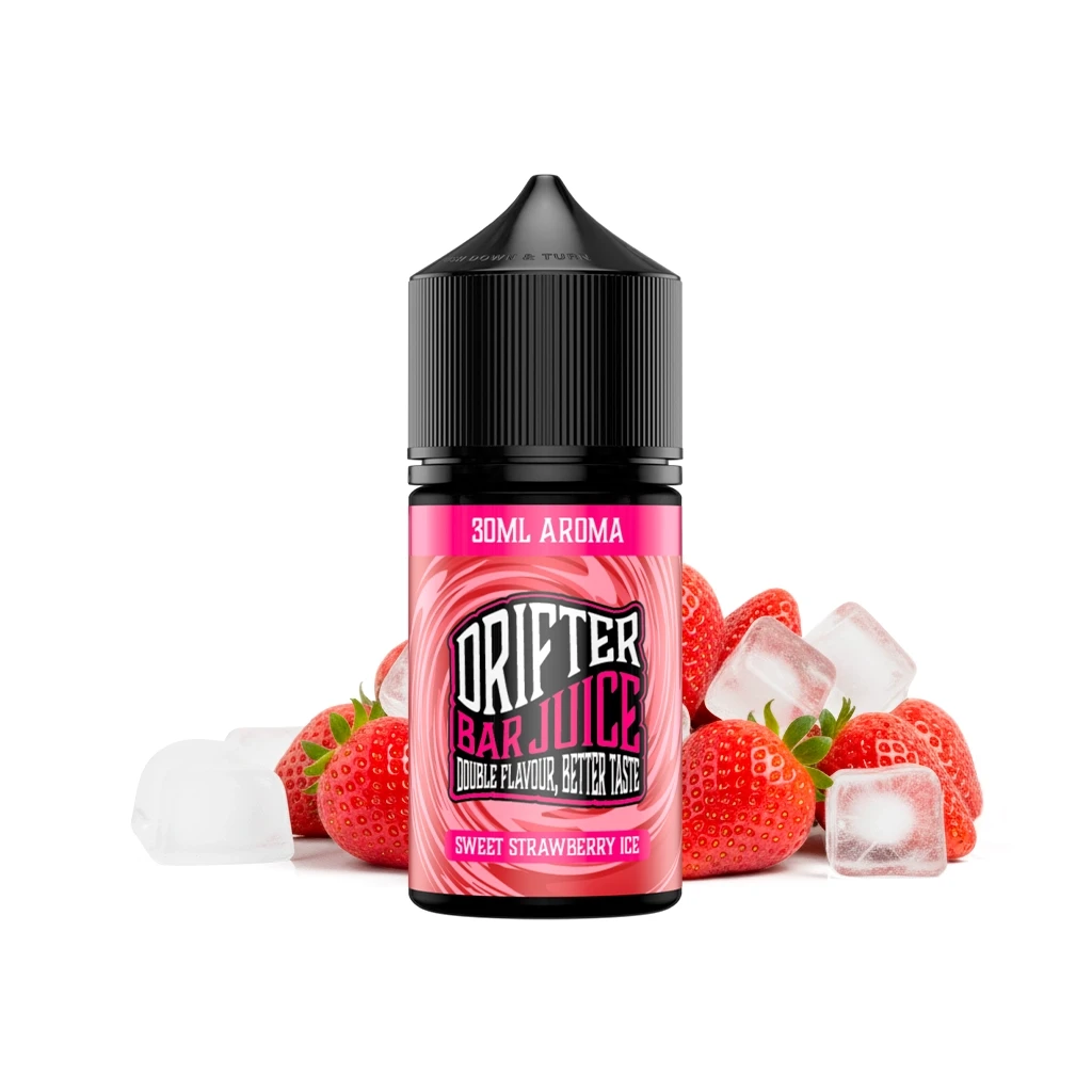 Frasco Drifter Sweet Strawberry Ice con tapón negro y etiqueta rosa que indica 30 ml de aroma, acompañado de fresas y cubitos de hielo.