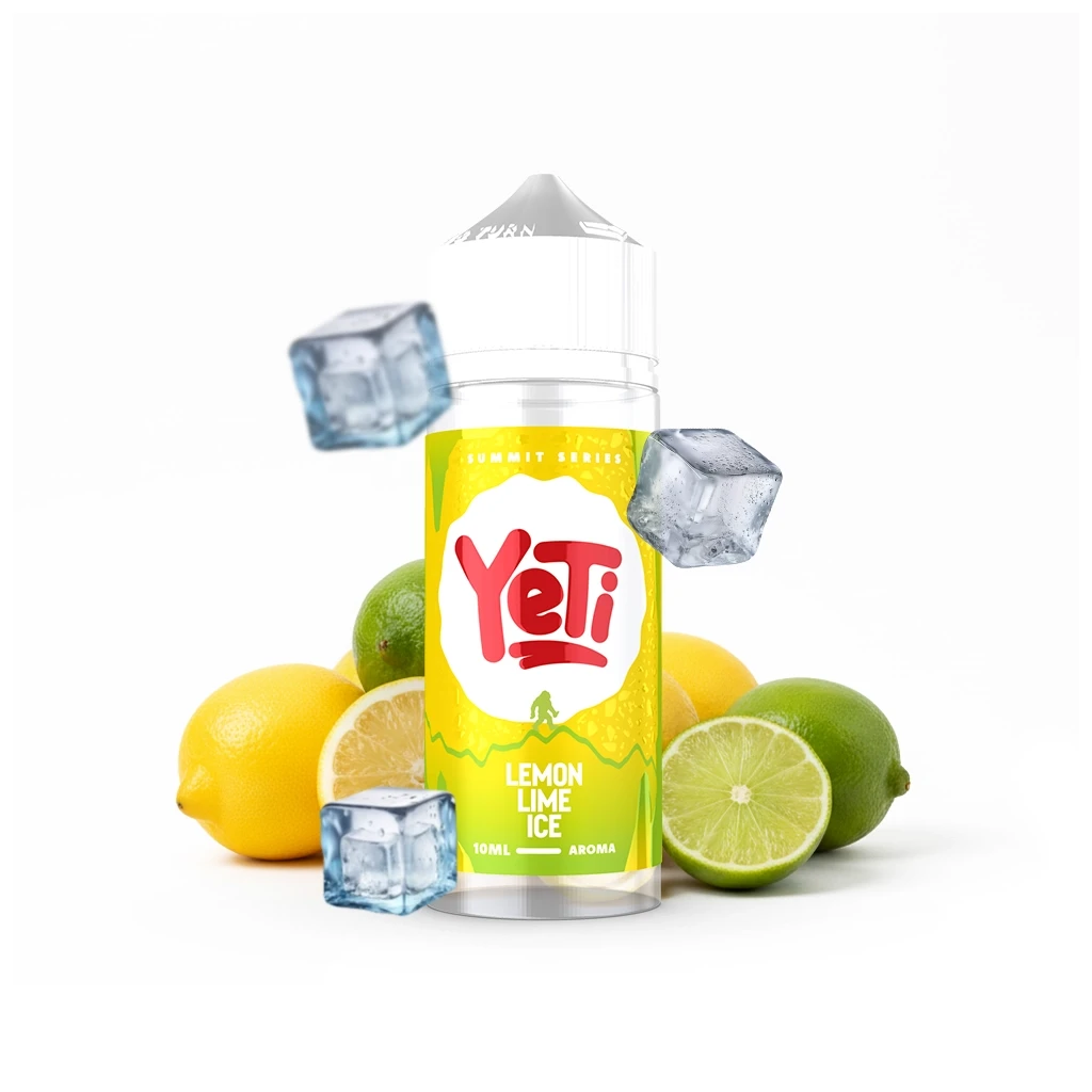 Frasco Yeti Lemon Lime Ice de 10 ml con etiqueta amarilla y verde, rodeado de limones, limas enteras y cortadas y cubitos de hielo.