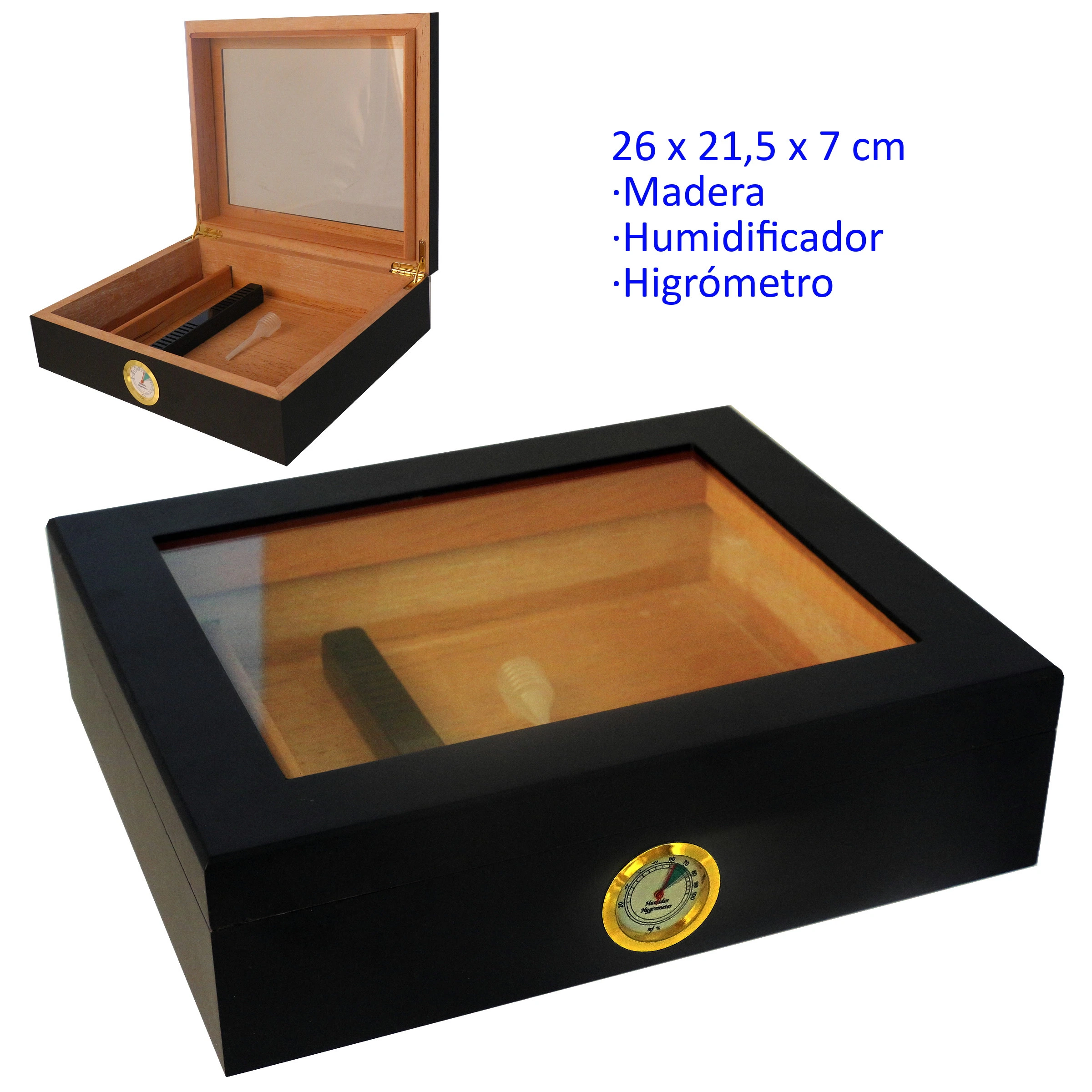 Humidor de madera negro con tapa acristalada e higrómetro circular dorado en el frontal, mostrado abierto y cerrado. Humidor de madera negro con tapa acristalada e higrómetro circular dorado en el frontal, mostrado abierto y cerrado.
