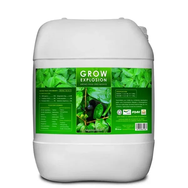 Garrafa blanca de Grow Explosion con etiqueta verde, fotografías de hojas y pimientos y el texto «Abono para crecimiento».