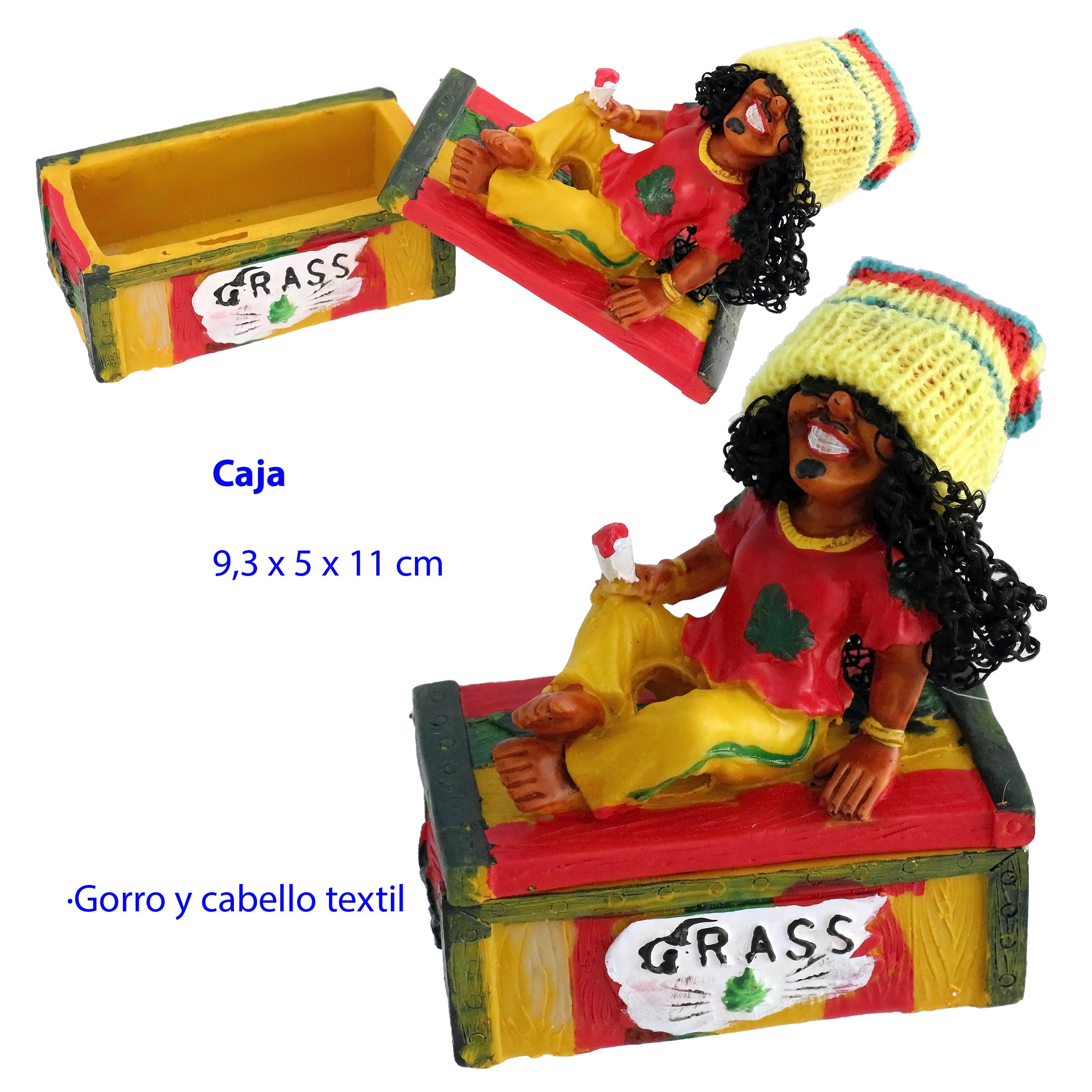 Caja Rasta abierta y cerrada, con figura sentada sobre la tapa, gorro amarillo, cabello negro y decoración roja, amarilla y verde. Caja Rasta abierta y cerrada, con figura sentada sobre la tapa, gorro amarillo, cabello negro y decoración roja, amarilla y verde.